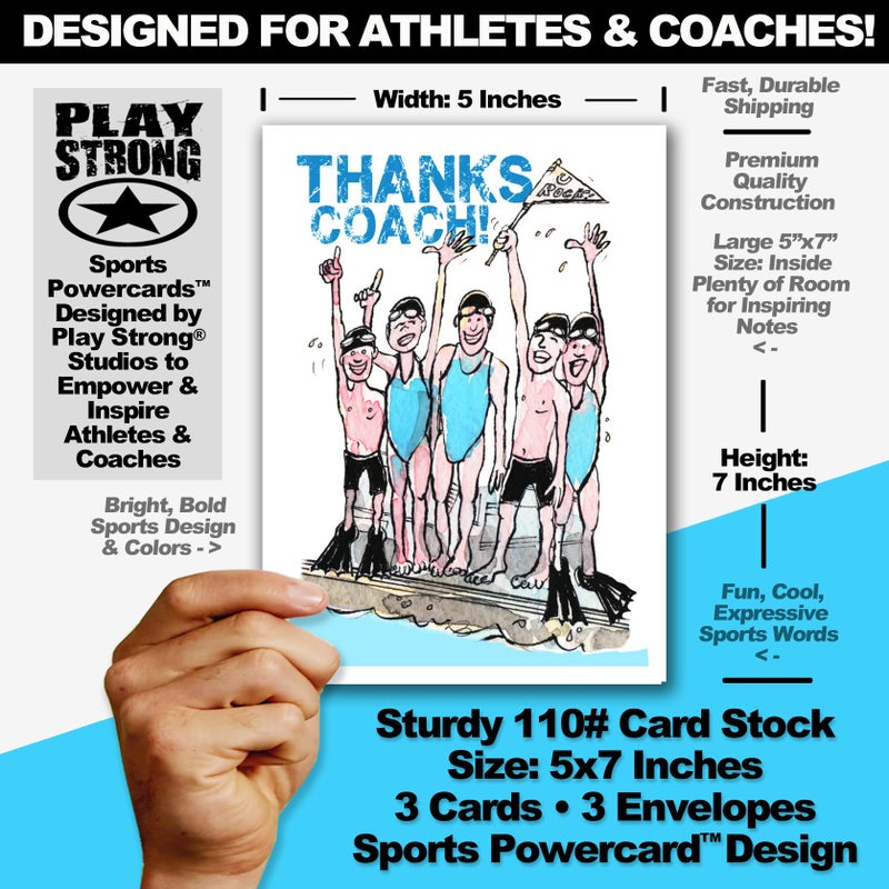 Play Strong Thanks Swimming Coach 3-Pack (5x7) Sports Greeting Thank You Cards Perfect for Youth Sports Swimmers, Teams, Coaches, Family and Fans - Your Coaches Will Love 'Em! - Image 2
